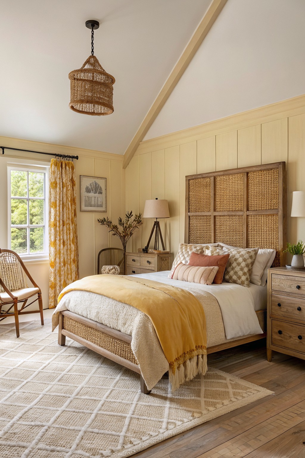 A bedroom with pale yellow walls and wood accents.