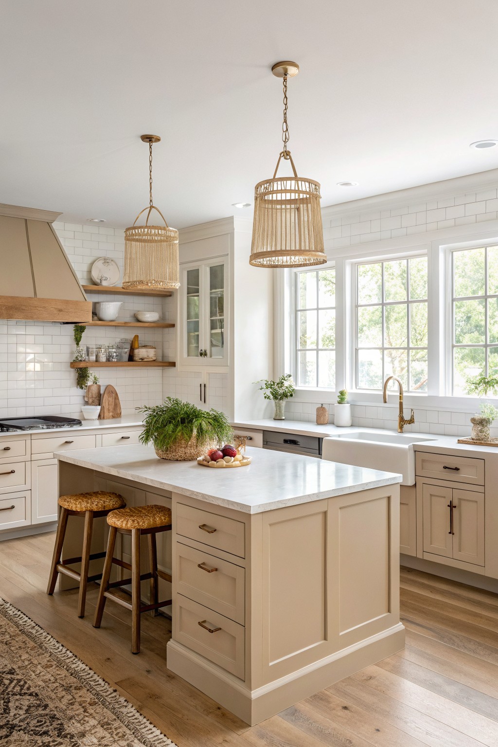 Kitchen with warm beige painted cabinets and island.