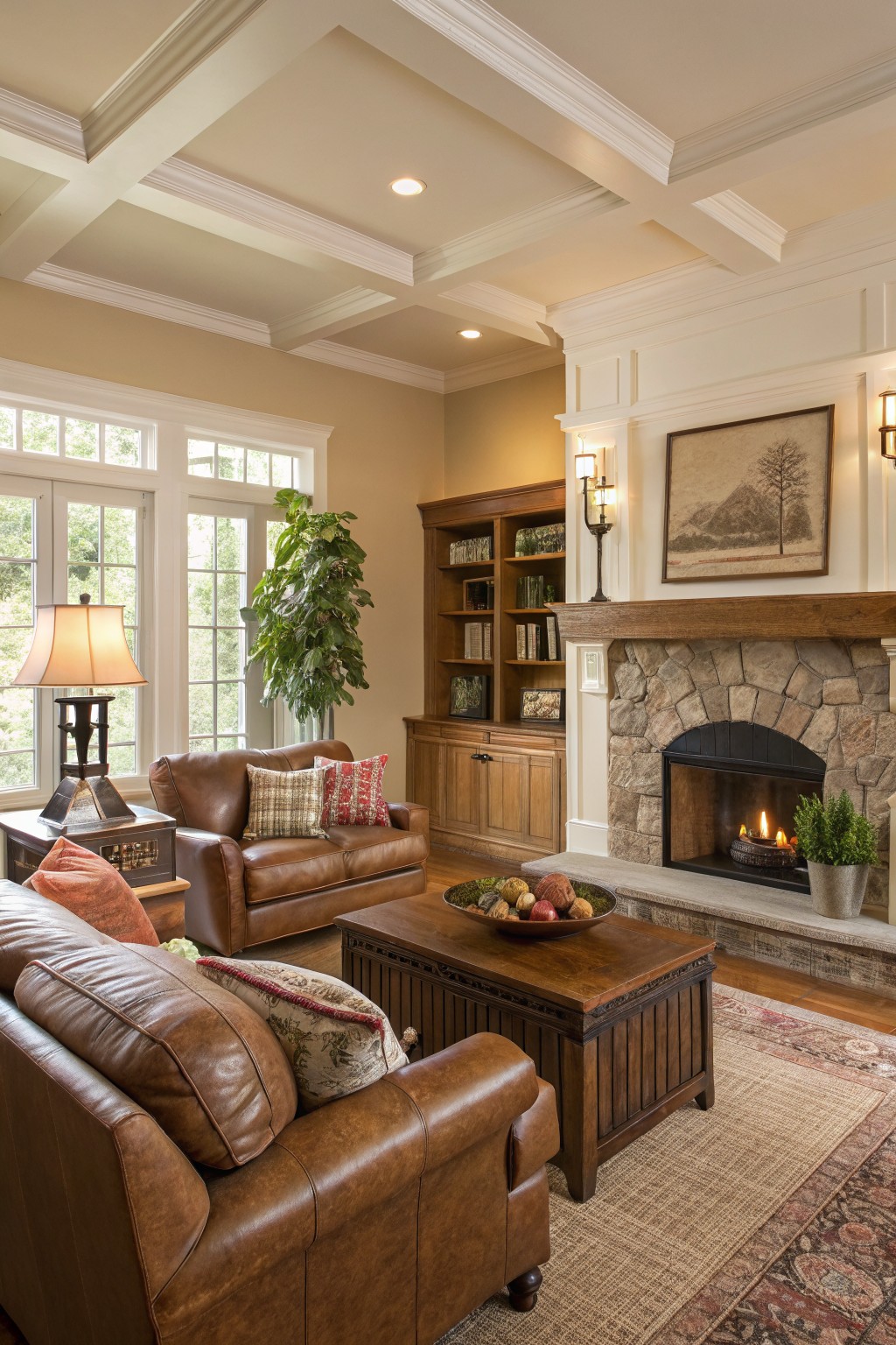 Cozy living room with brown leather sofas, stone fireplace, and wooden coffee table.