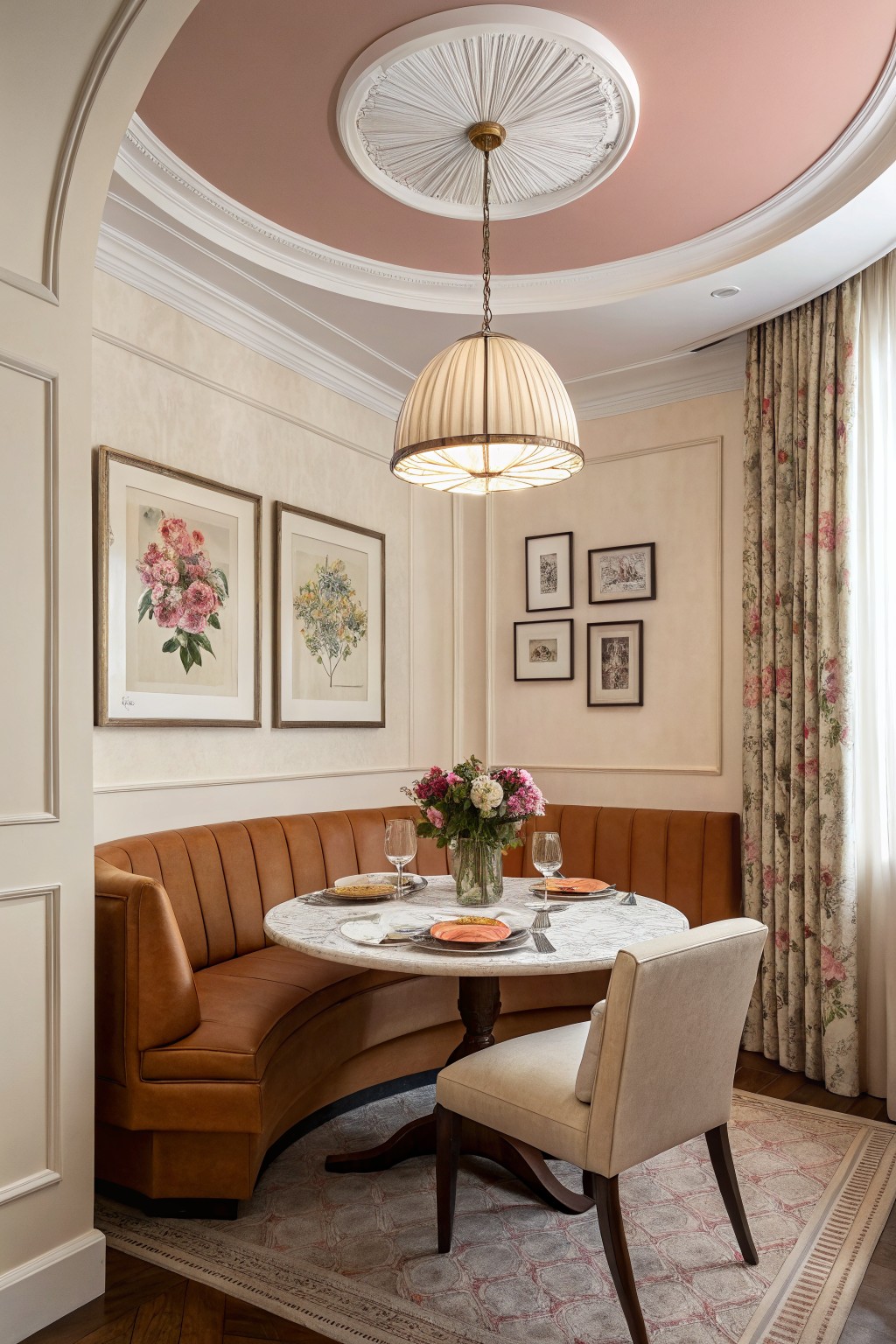 Elegant dining nook with curved brown leather banquette, marble table, and pink ceiling.