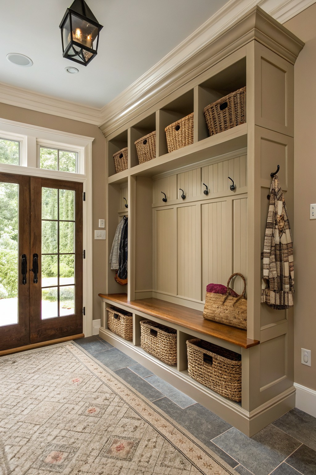 Built-in cabinetry and walls painted in a warm greige in an entryway mudroom.