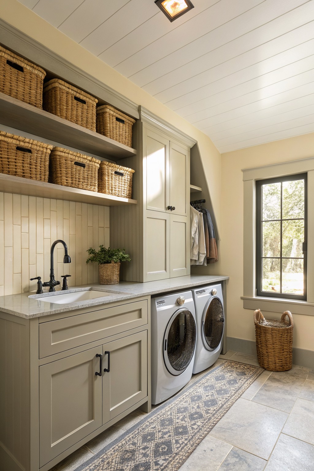 Warm greige cabinets and walls in a laundry room with open shelving.
