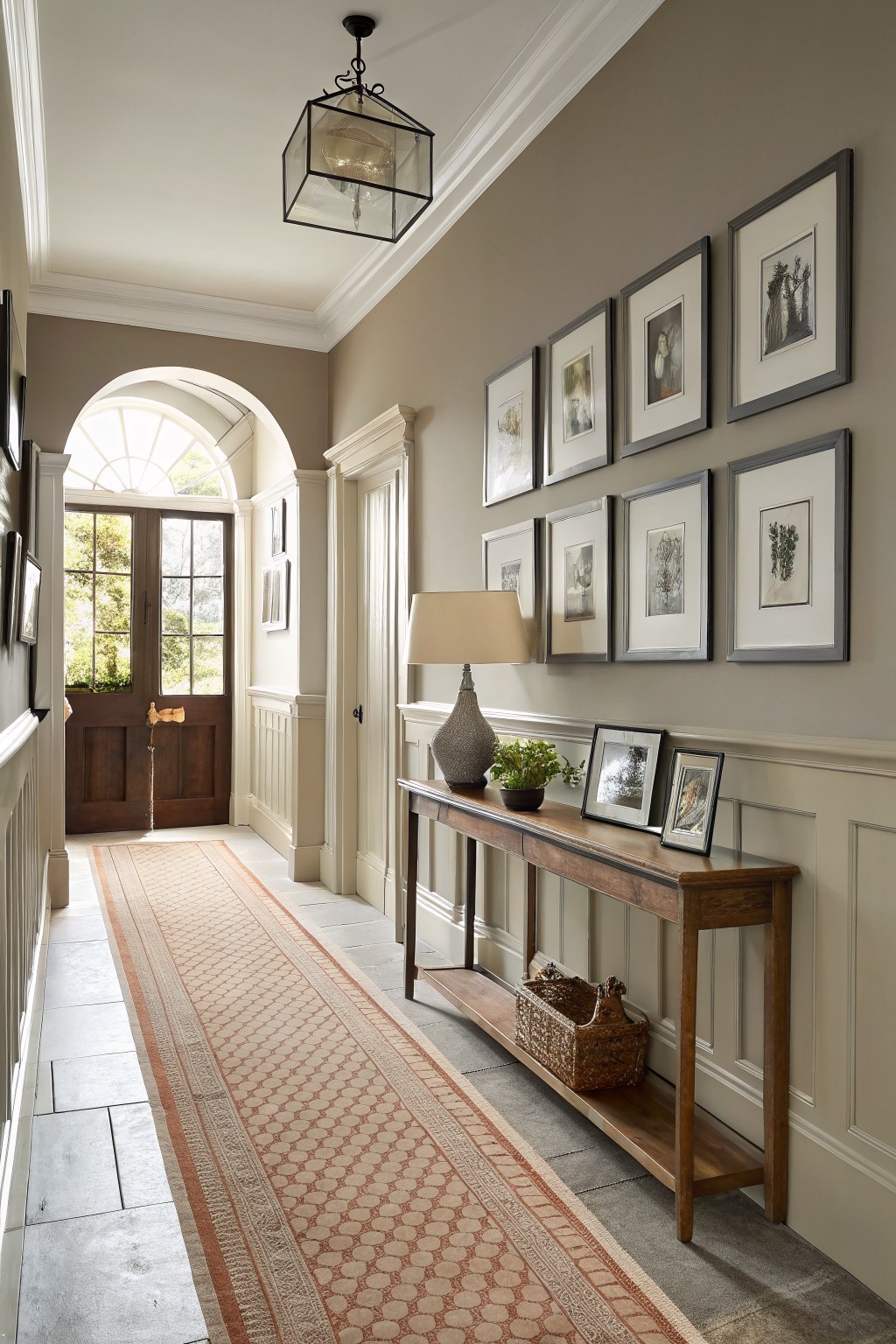 Warm greige walls in a traditional entry hallway with a wood console table.