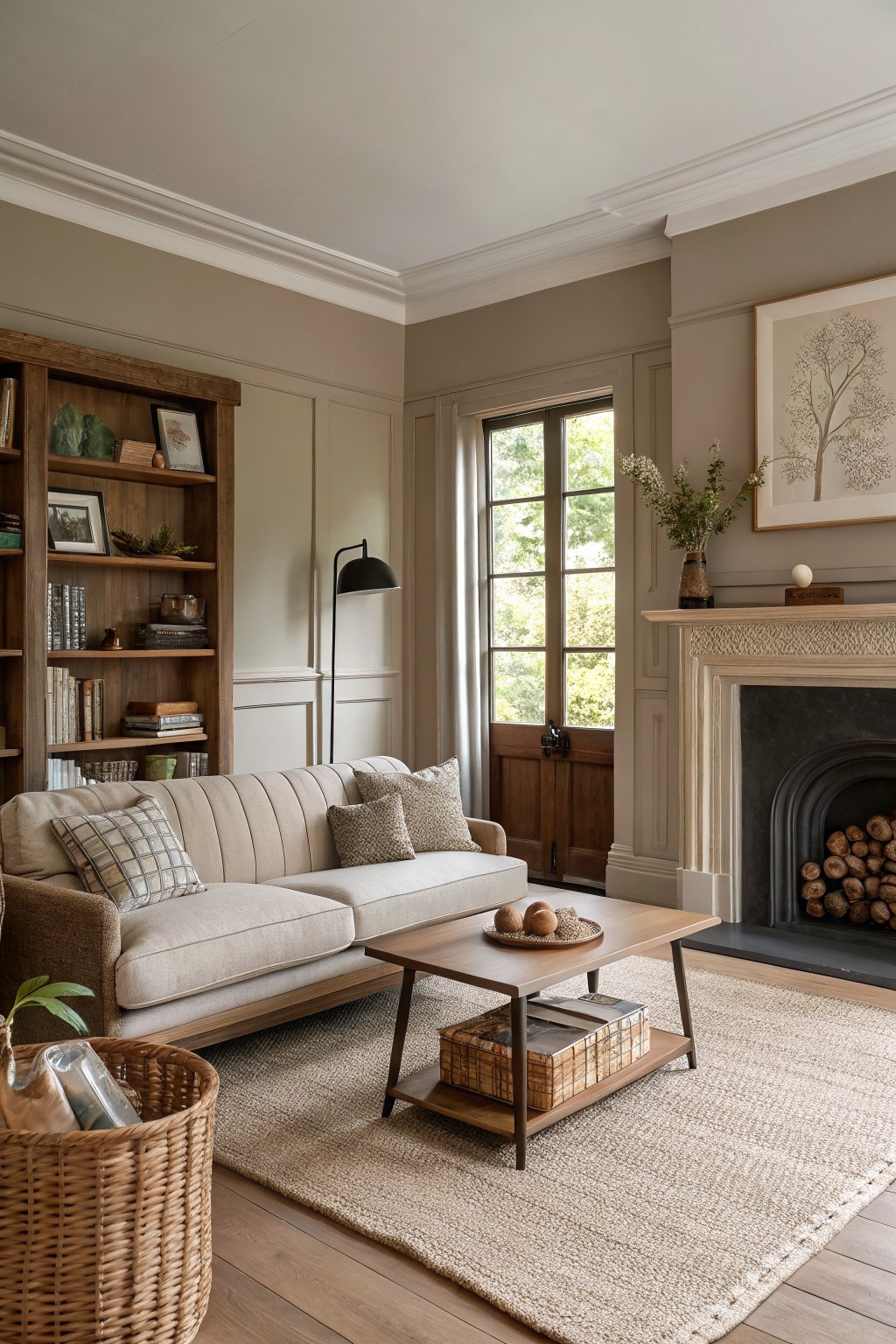 Warm greige walls in a living room with wood built-ins and a stone fireplace.