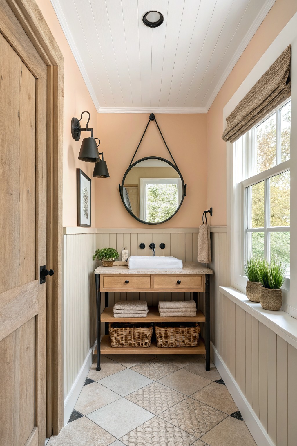 Warm peach walls in a small bathroom with wood vanity and tile floor.