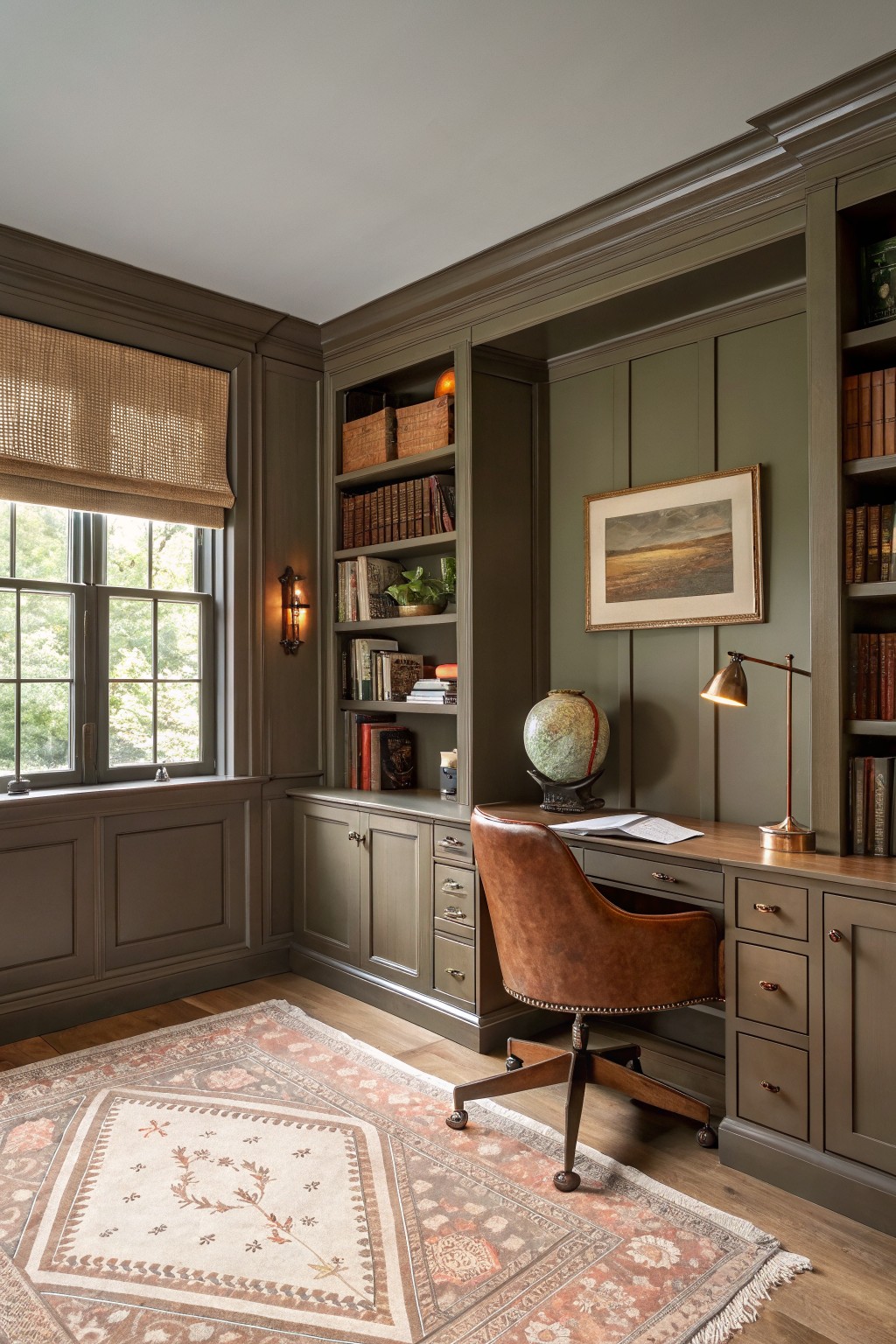 A home office with warm sage green walls and built-in cabinetry.