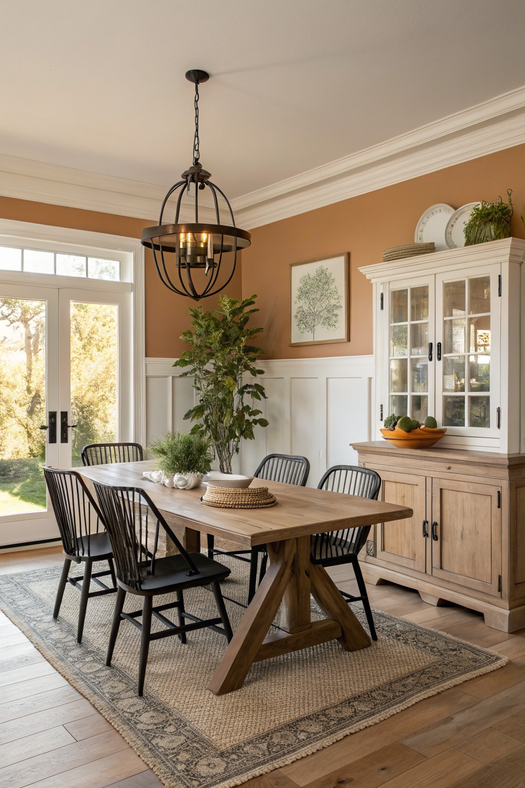 A dining room with warm terracotta walls above white wainscoting.