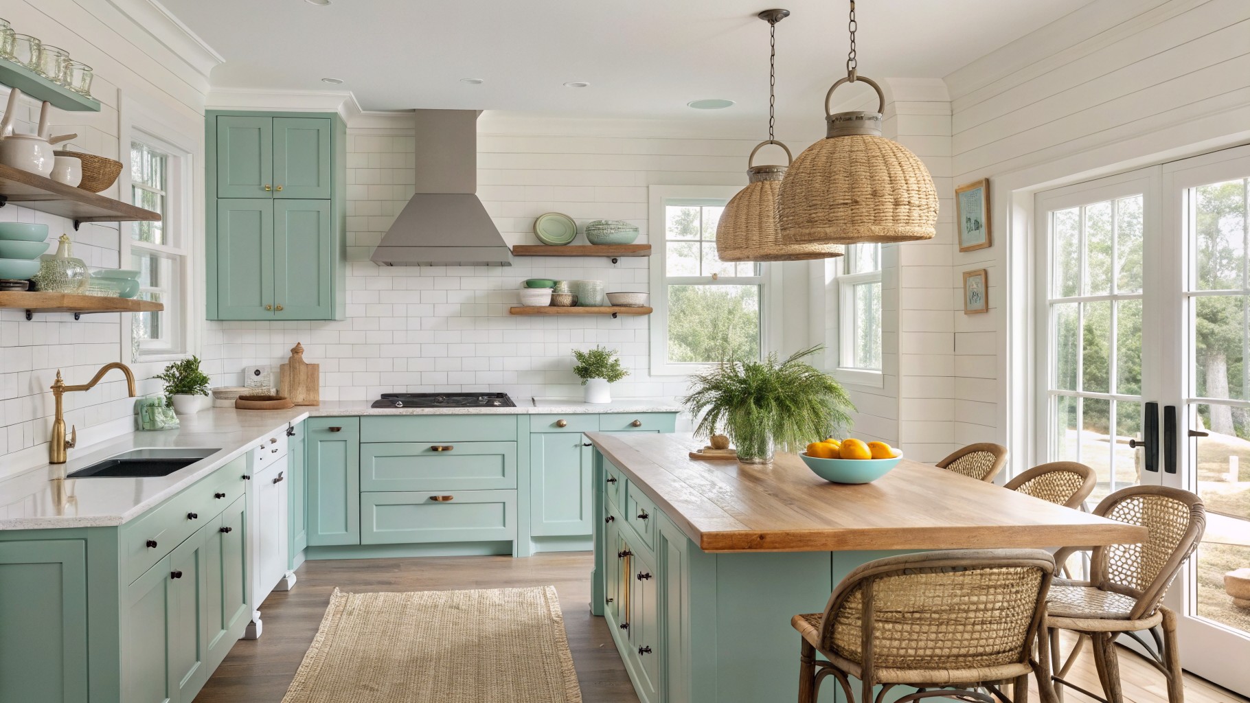 Light-filled kitchen with mint cabinets, white sink, wooden table and chairs.
