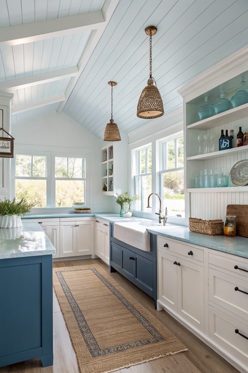 A kitchen with navy blue lower cabinets and white upper cabinets.