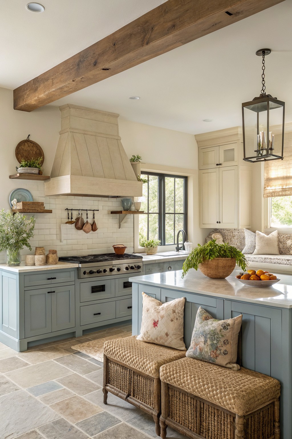 Blue gray cabinets in a kitchen with wood beams and a large range hood.