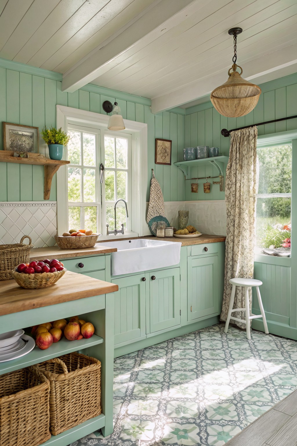 A kitchen with soft mint green walls and cabinets.
