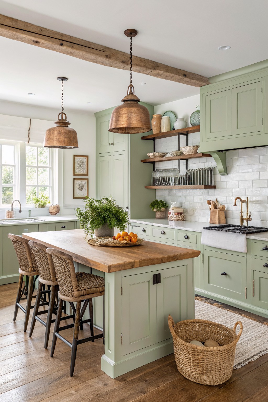 Sage green kitchen cabinets with a wooden island and open shelving.