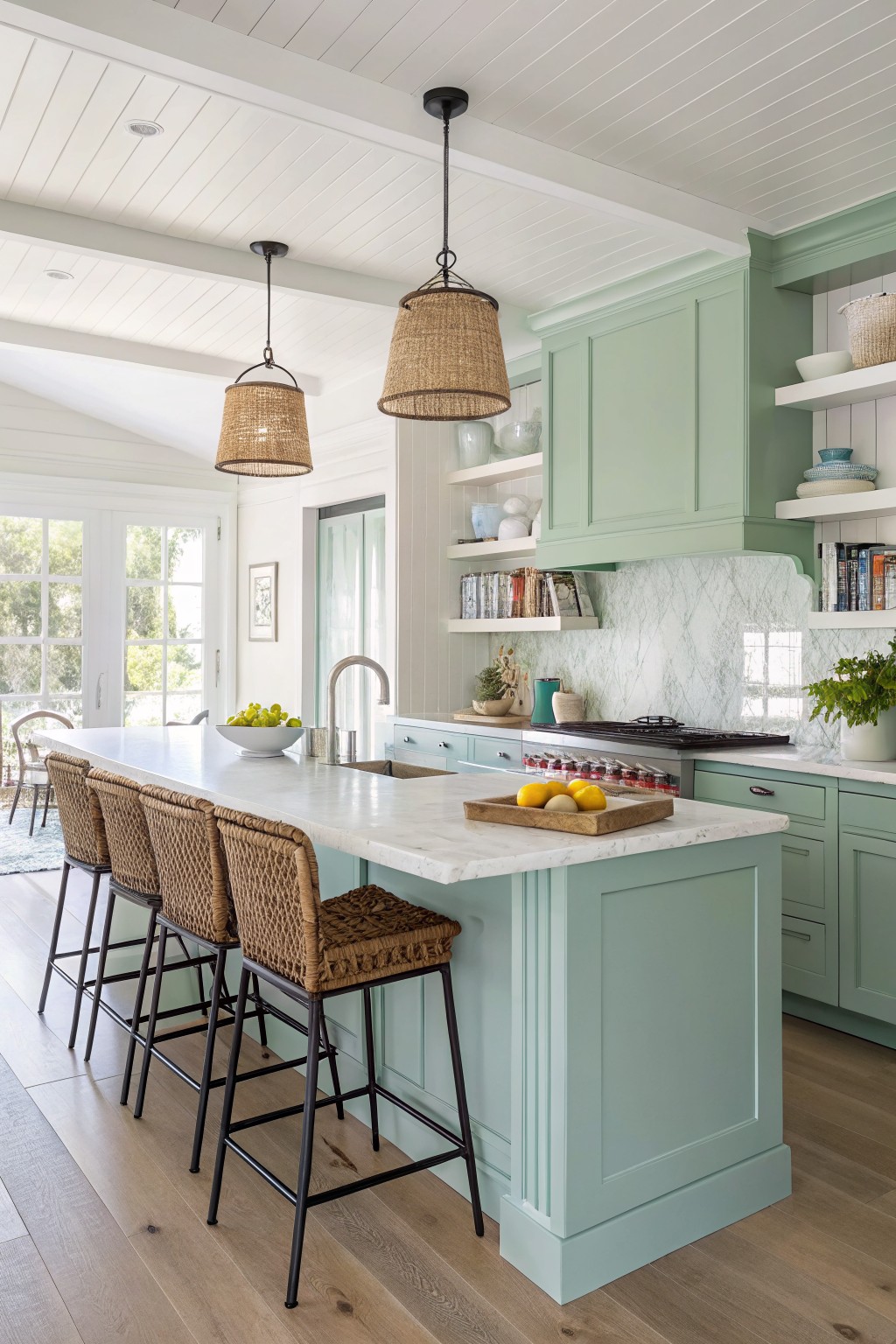 Light sage green kitchen cabinets with white marble counters and woven bar stools.