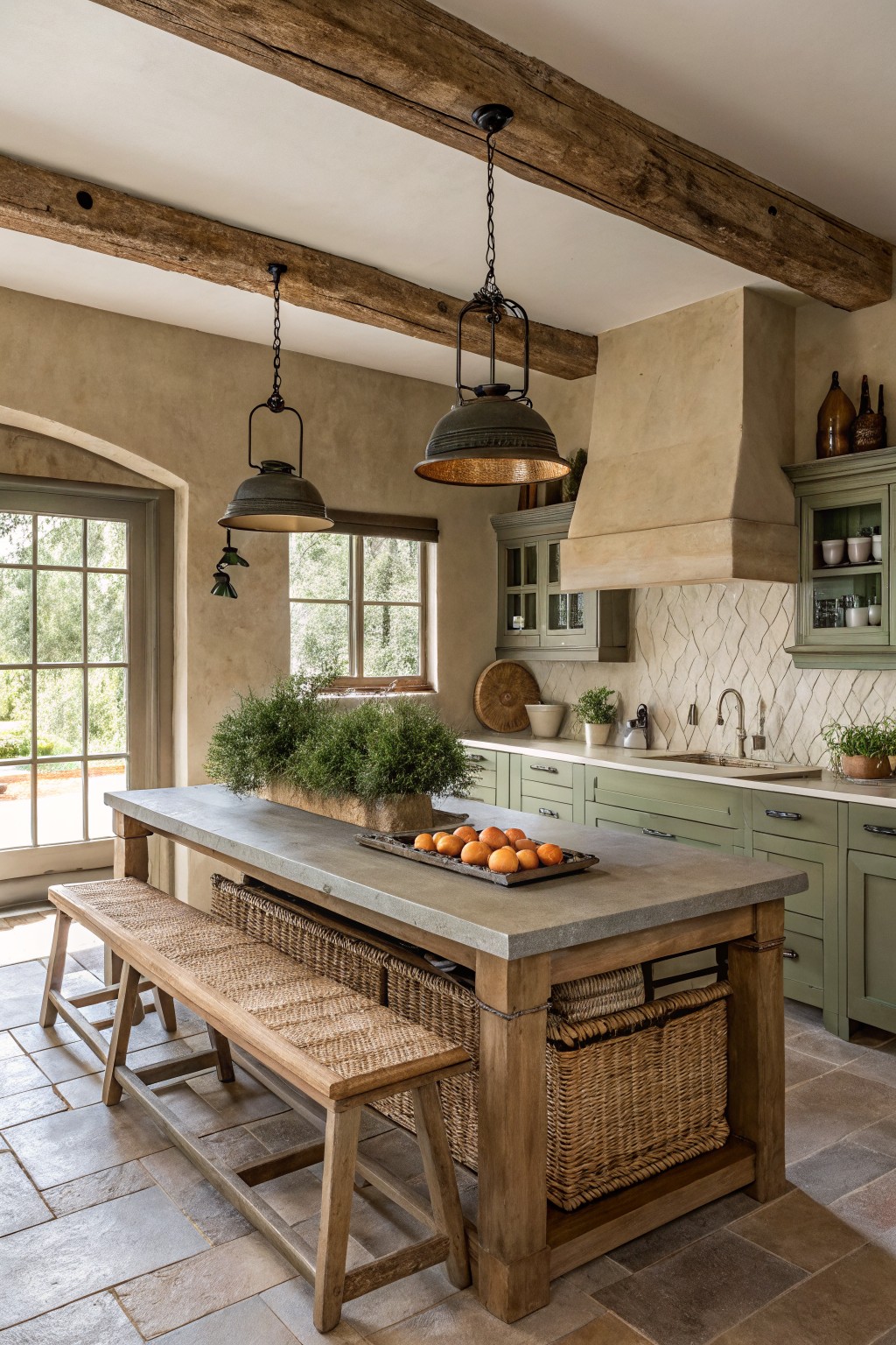 Sage green kitchen cabinets with a concrete island in a rustic space.
