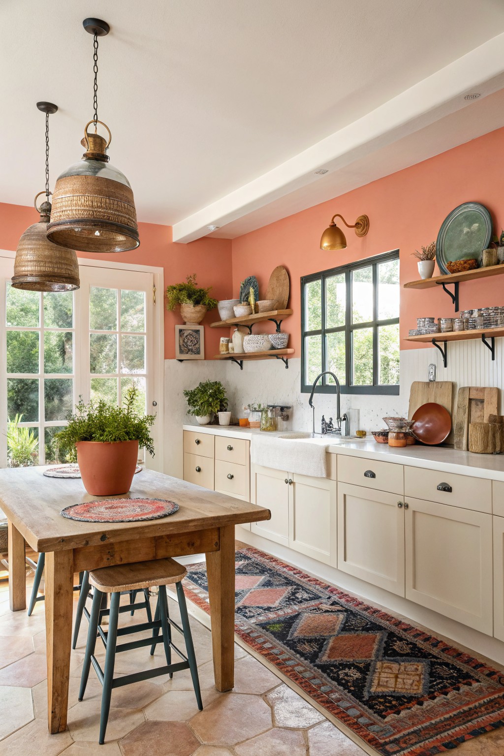 Kitchen with warm coral walls, cream cabinets, and a wooden table.