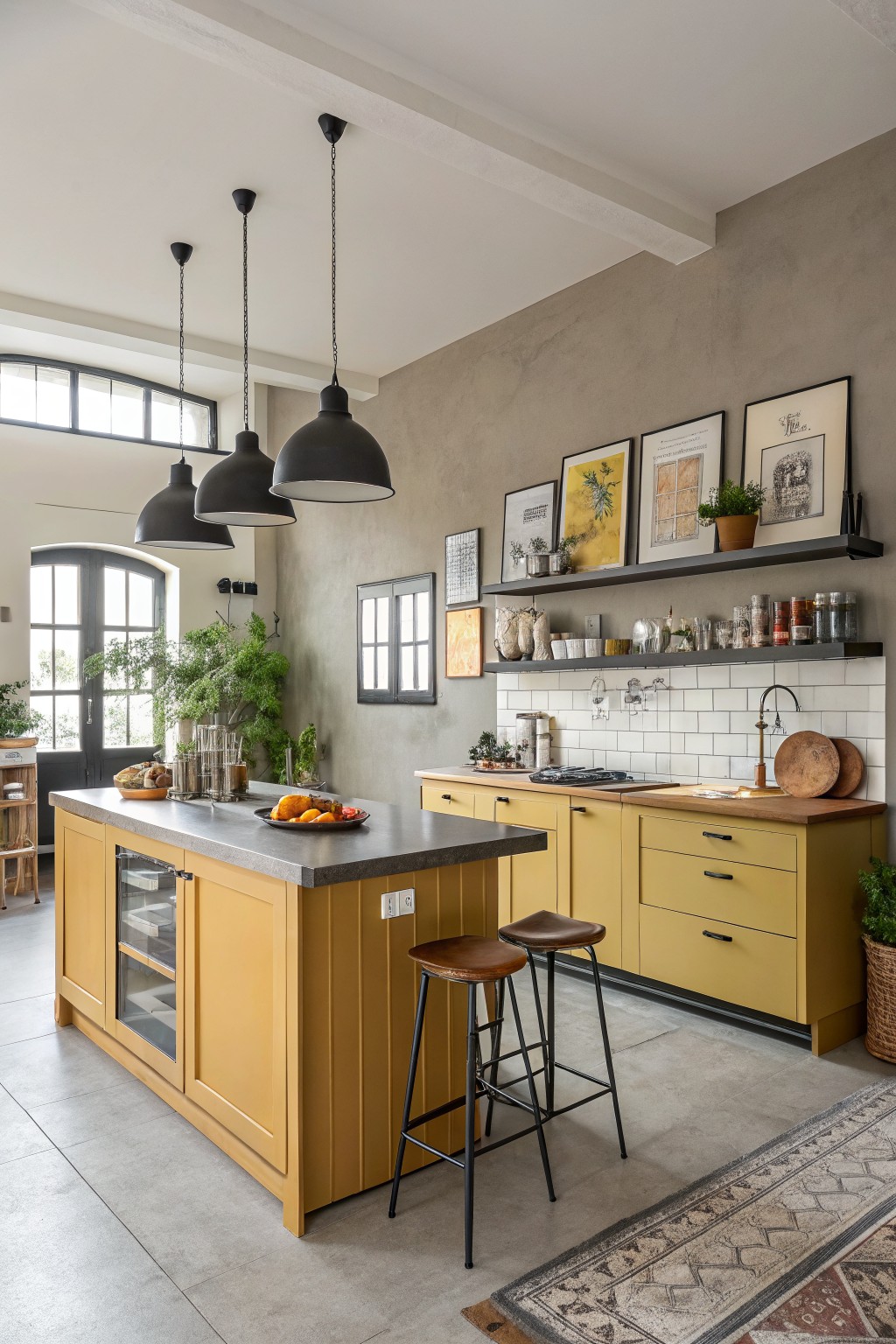 Yellow painted kitchen cabinets and island with wood counters and black stools.