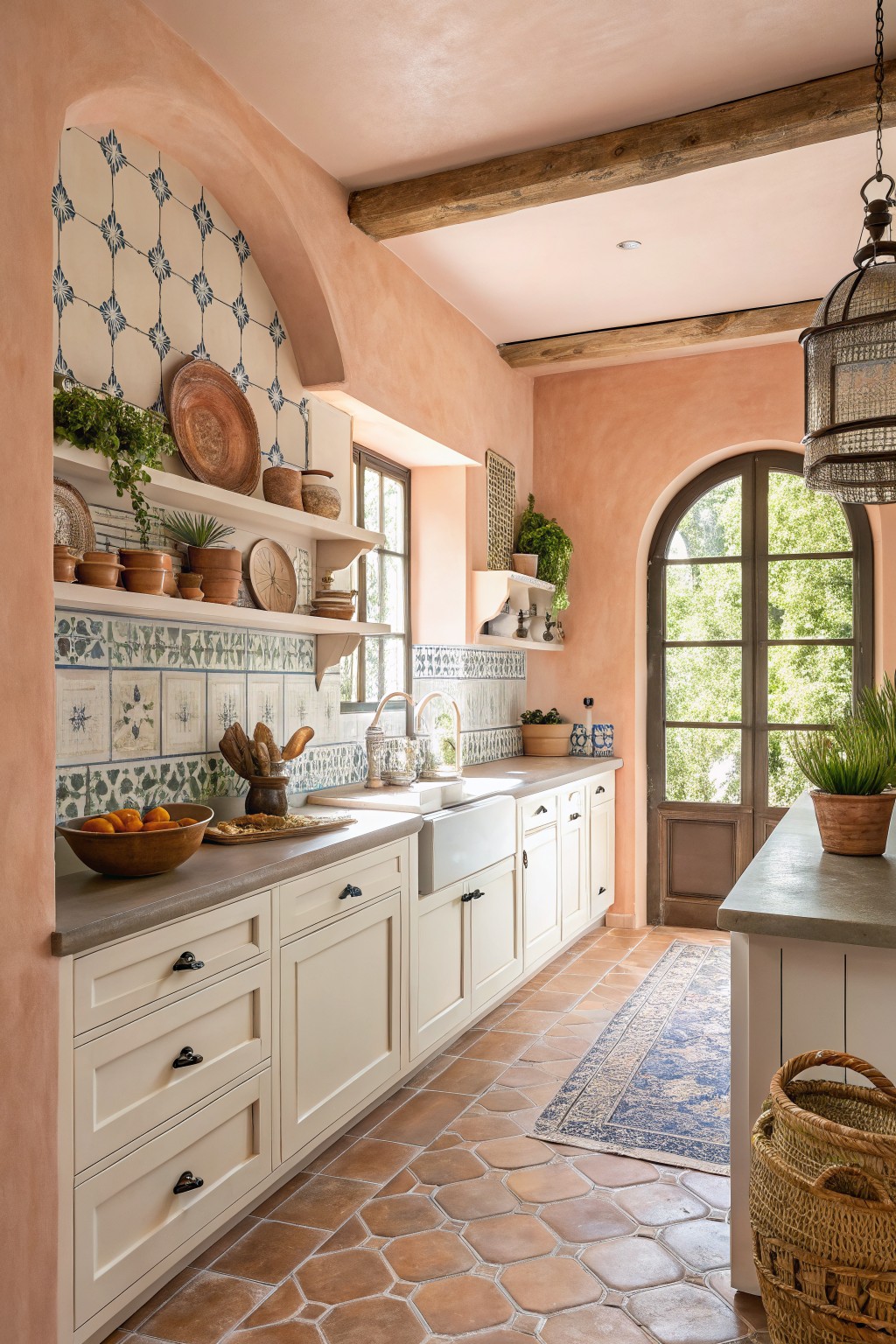 Warm peach walls in a kitchen with white cabinets and terracotta tile.