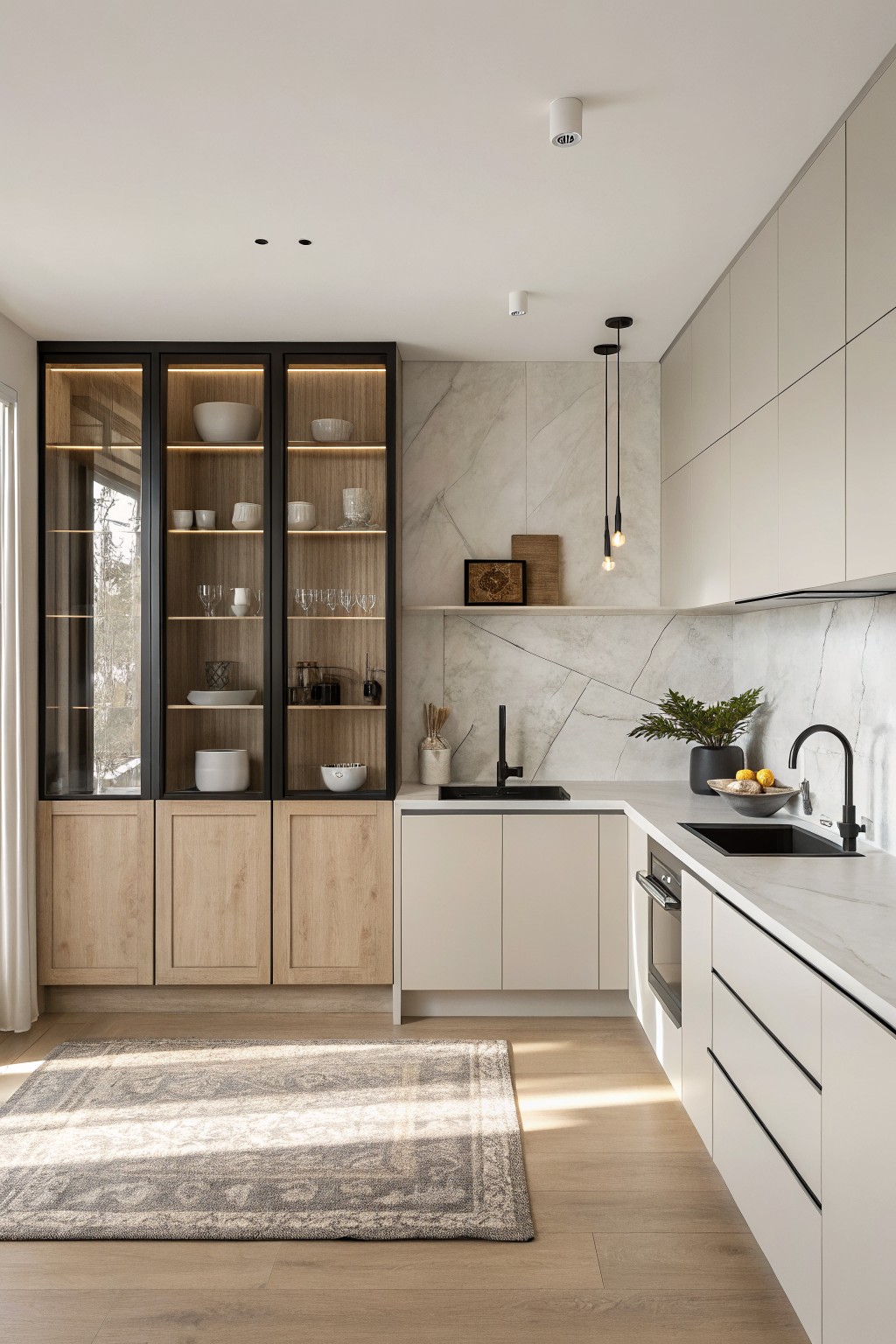 White cabinets in a kitchen with wood accents and marble backsplash.