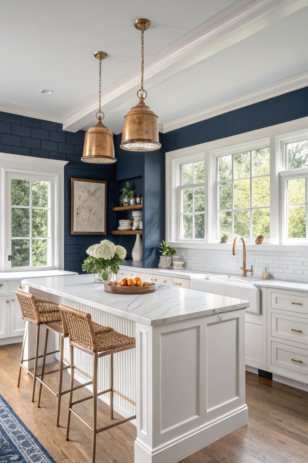 A kitchen with deep navy walls and white cabinets.