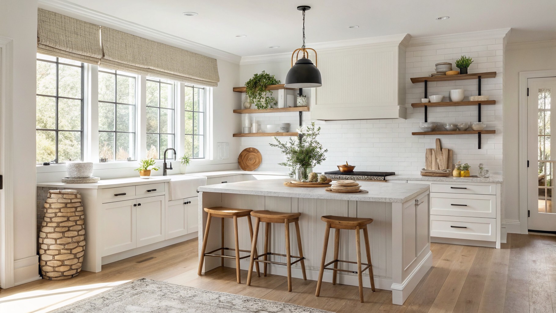 Light greige walls in a kitchen with white cabinets and a marble island.