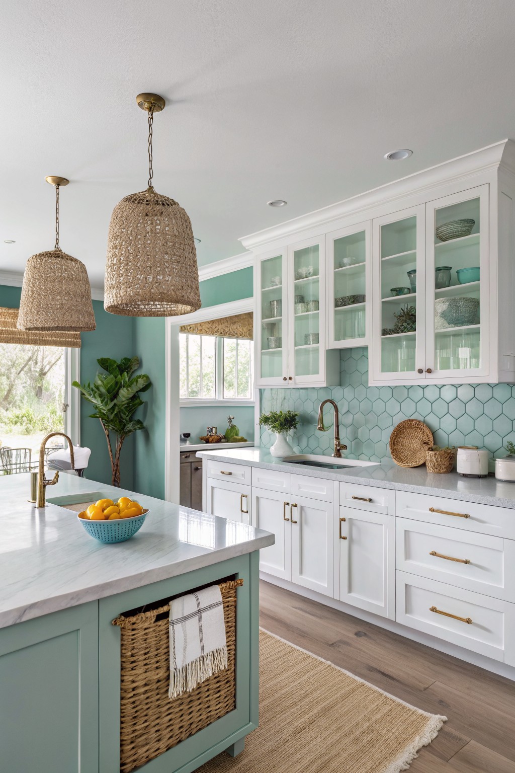 A kitchen with soft aqua walls and white cabinets.