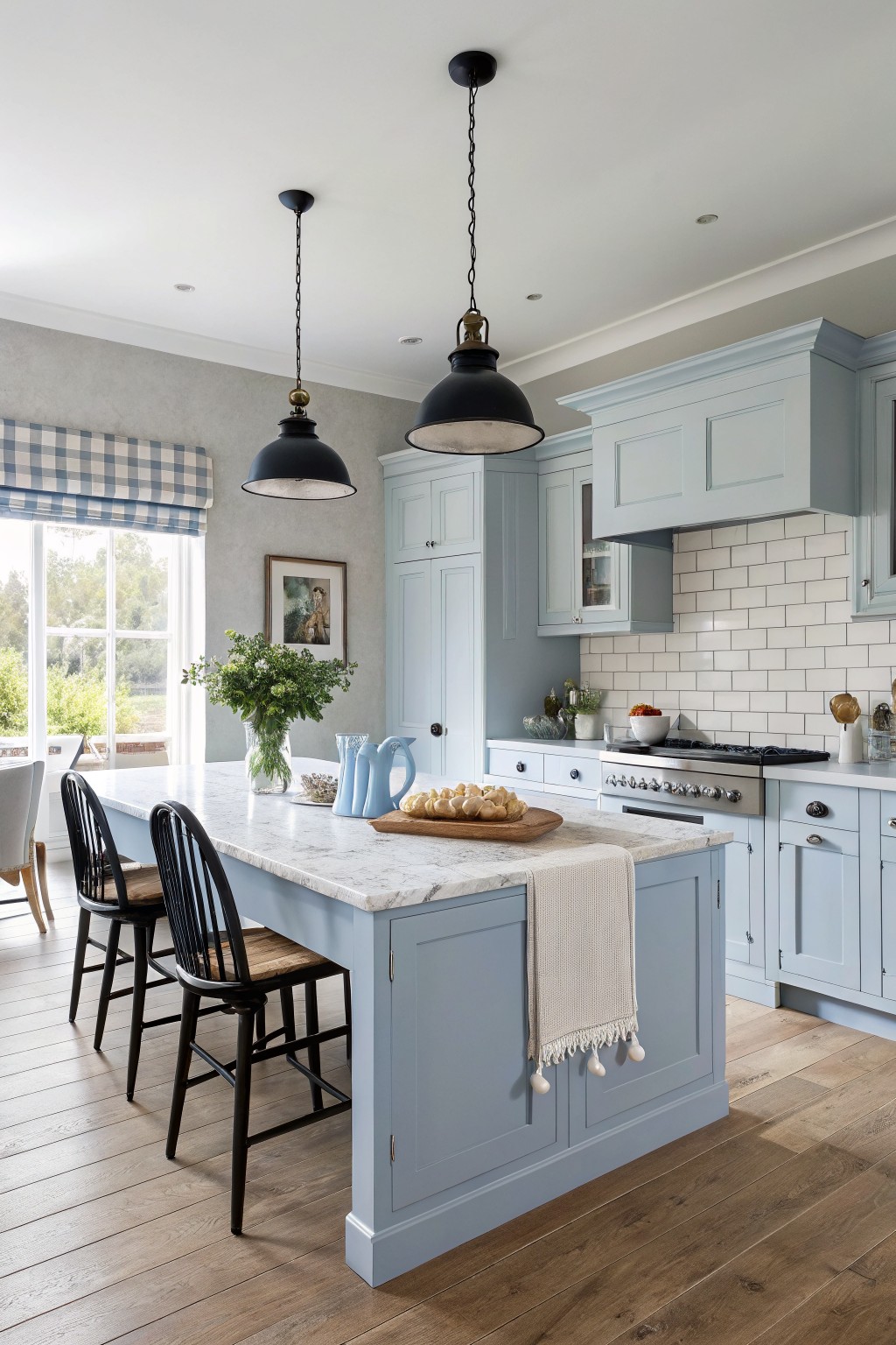 Light blue gray cabinets in a kitchen with white marble countertops.