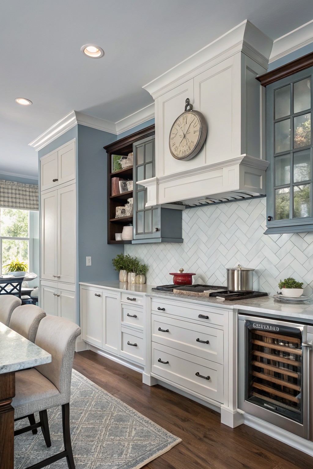 A kitchen with soft blue gray walls and white cabinets.