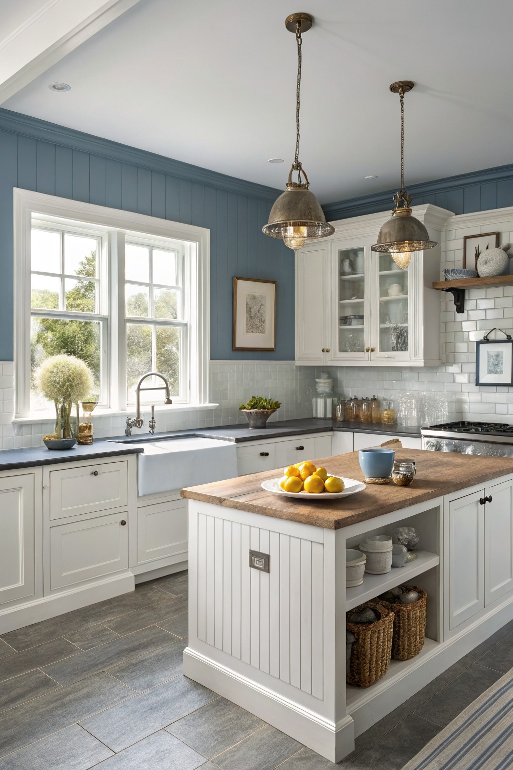 A kitchen with soft blue walls and white cabinets.