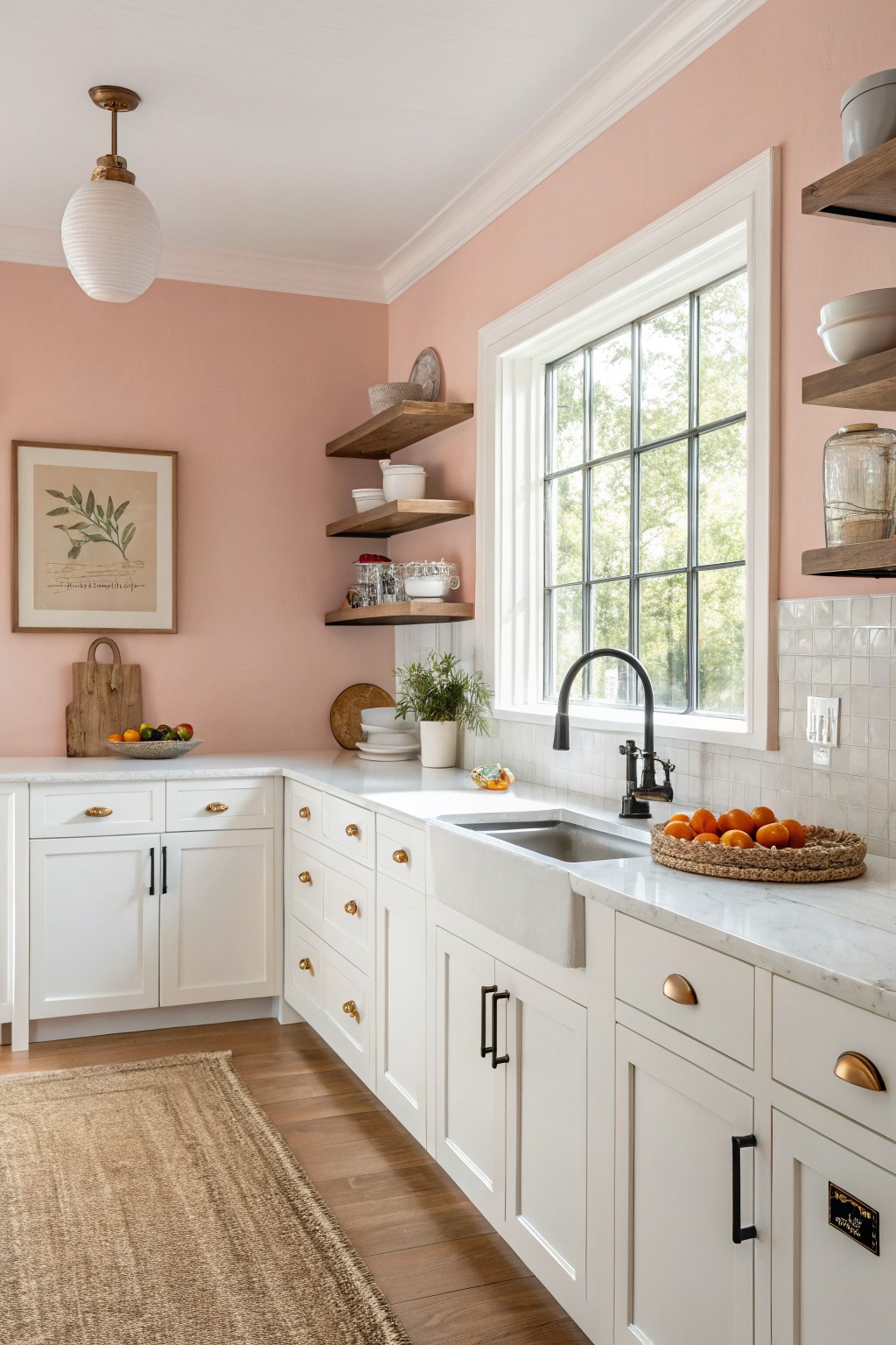 Kitchen walls painted soft blush pink with white cabinets and open wood shelves.