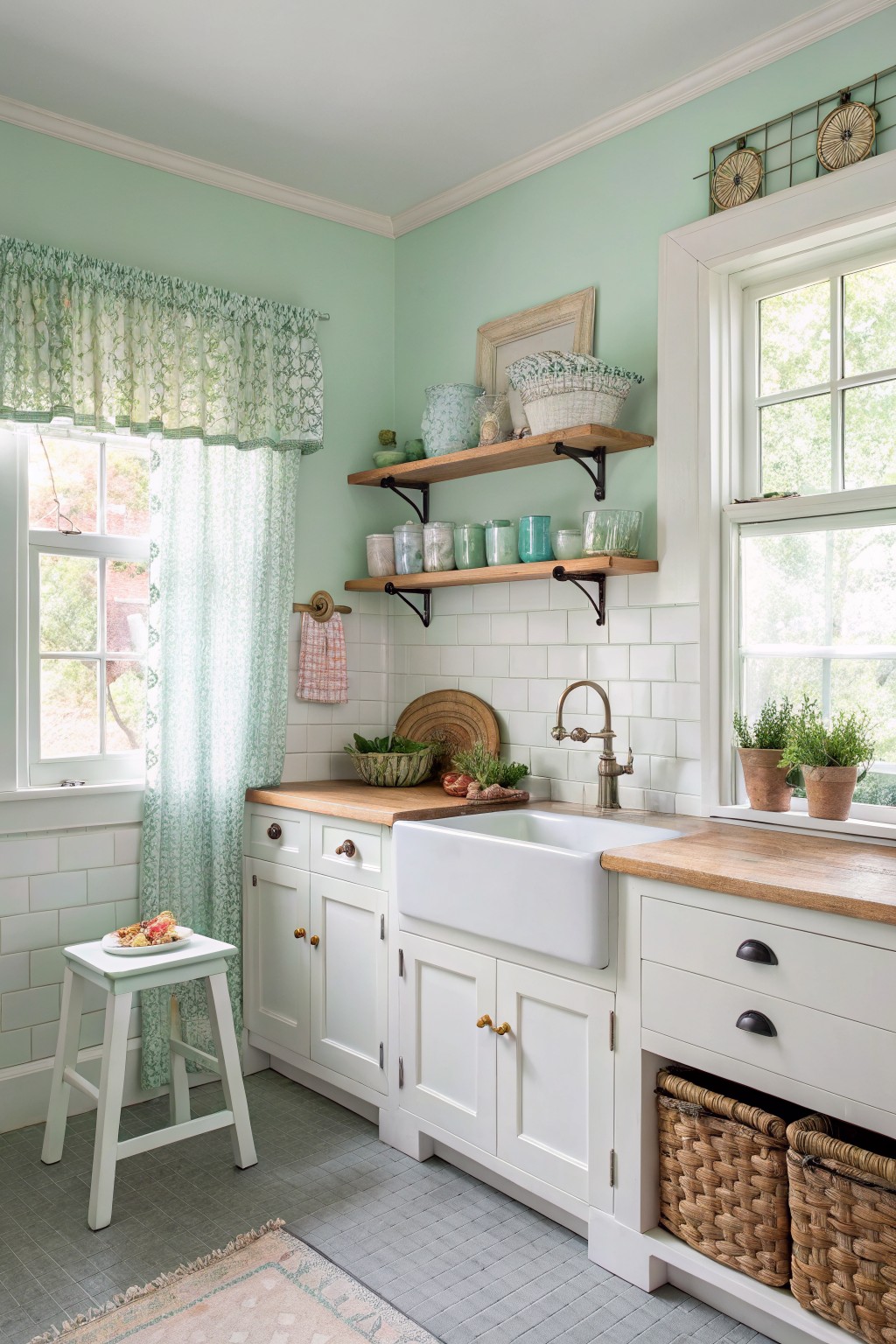 Soft mint green walls in a kitchen with white cabinets and wooden countertops.