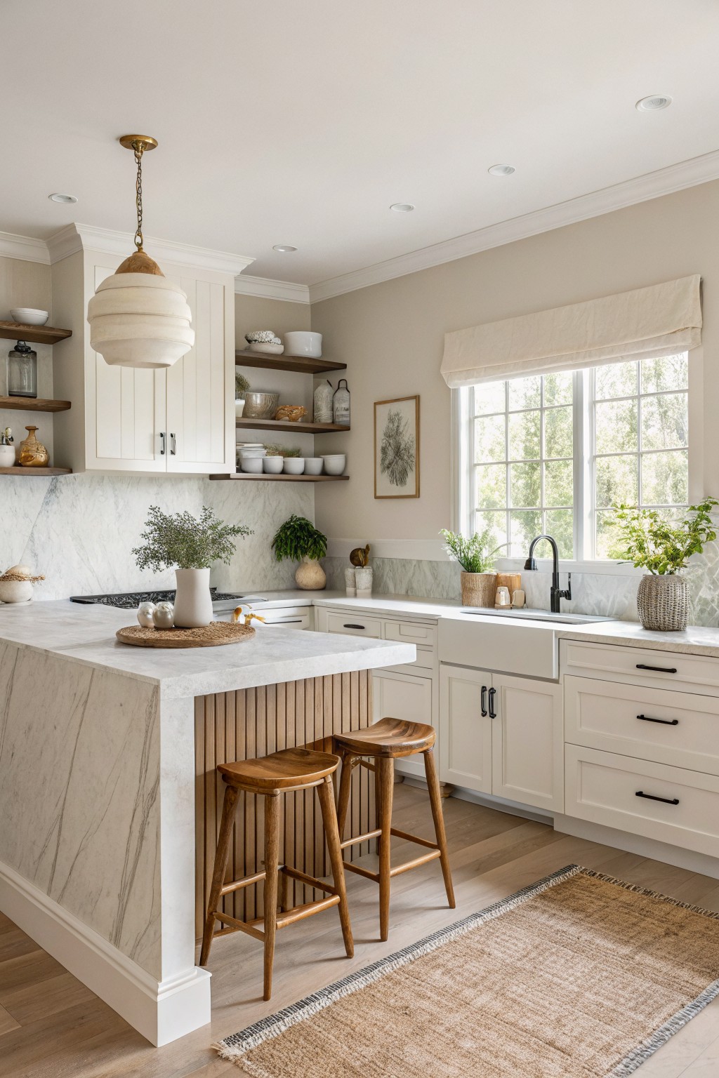 Light greige walls in a kitchen with white cabinets and a marble island.