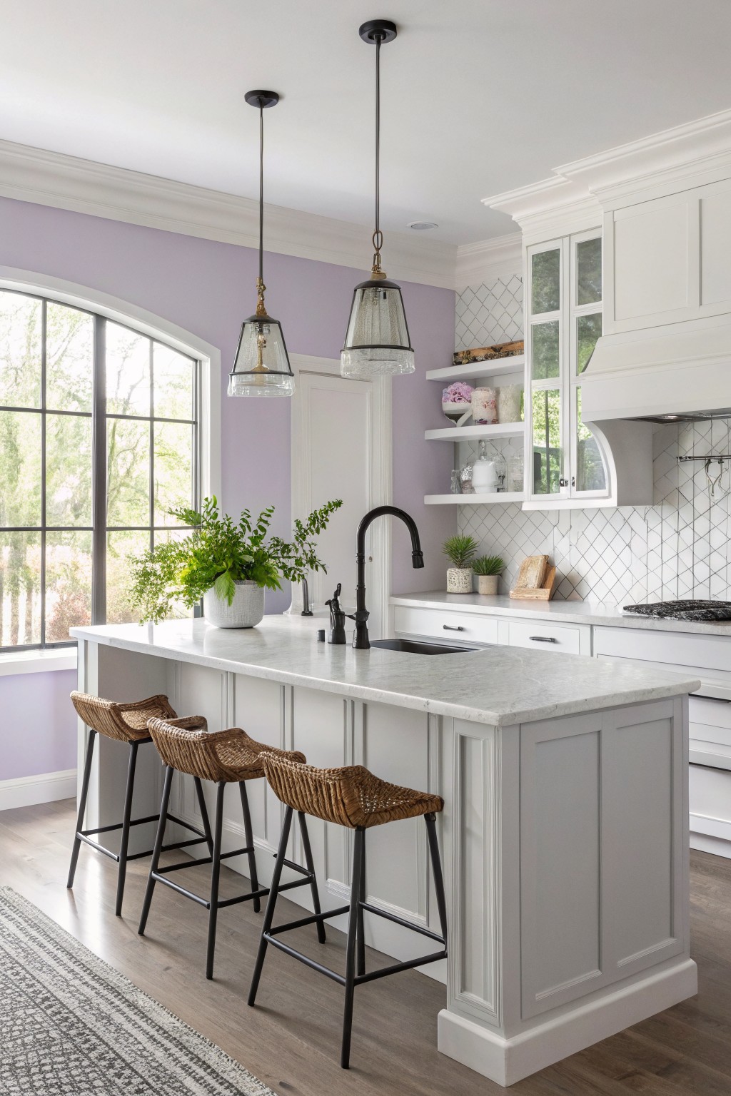 A kitchen with soft lavender walls and white cabinets around a large island.