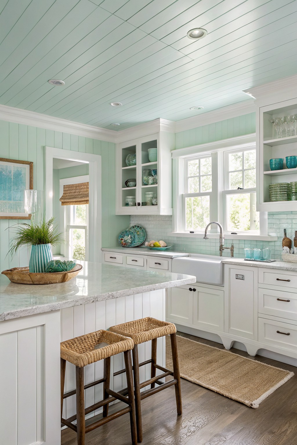 Kitchen with soft mint green walls and white cabinets.
