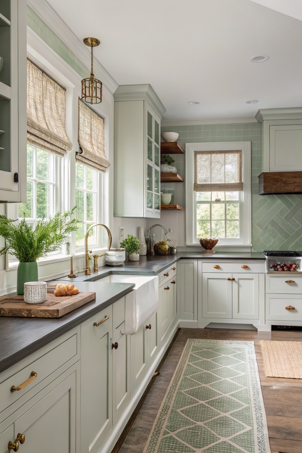 A kitchen with soft sage green cabinets and matching tile backsplash.