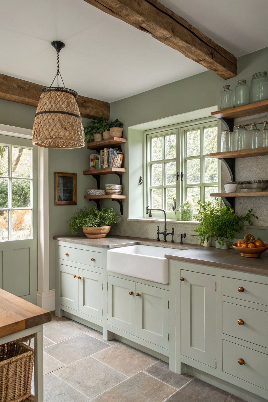 Sage green kitchen cabinets with a white farmhouse sink and open wooden shelves.