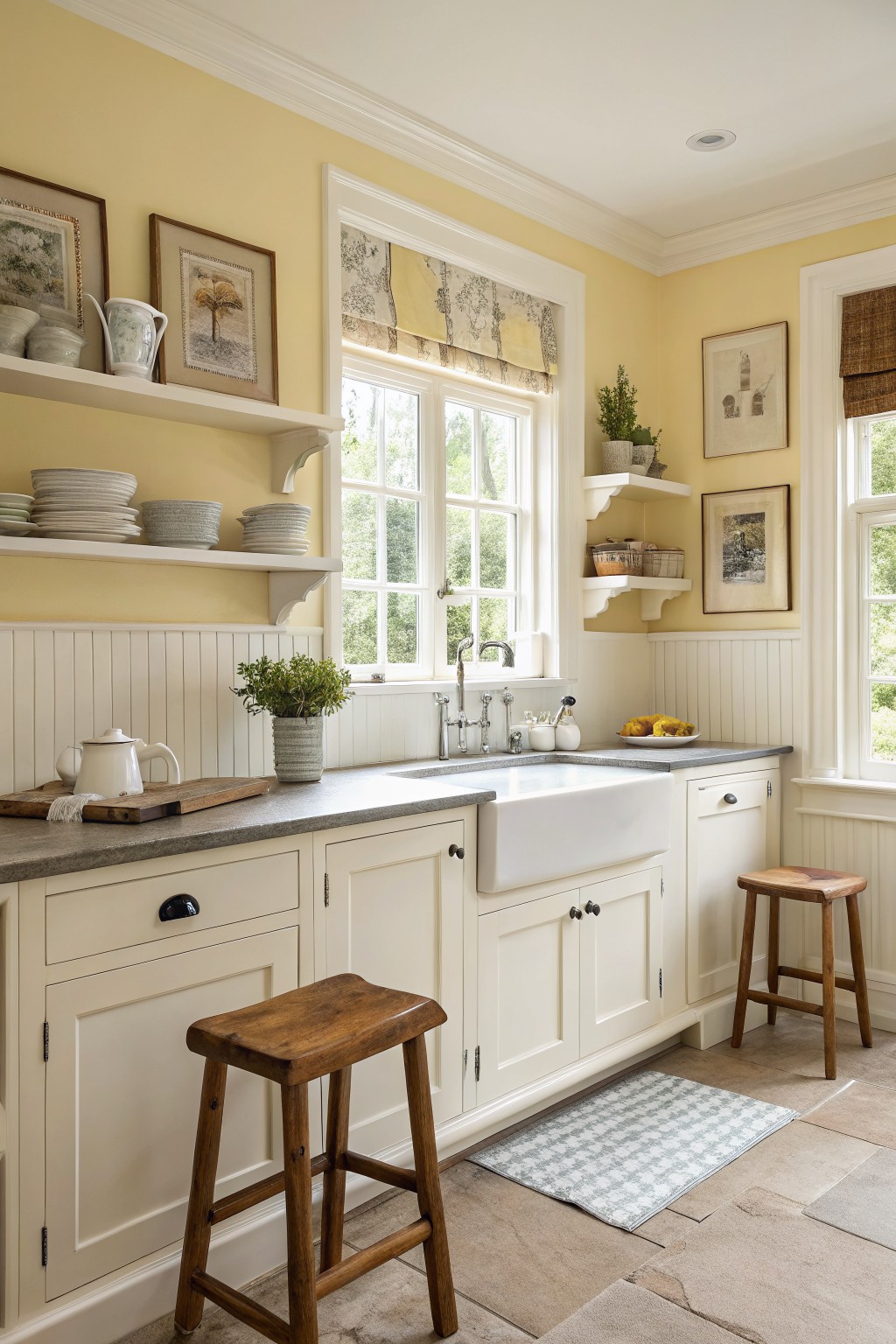 A kitchen with soft yellow walls and white cabinets around a farmhouse sink.