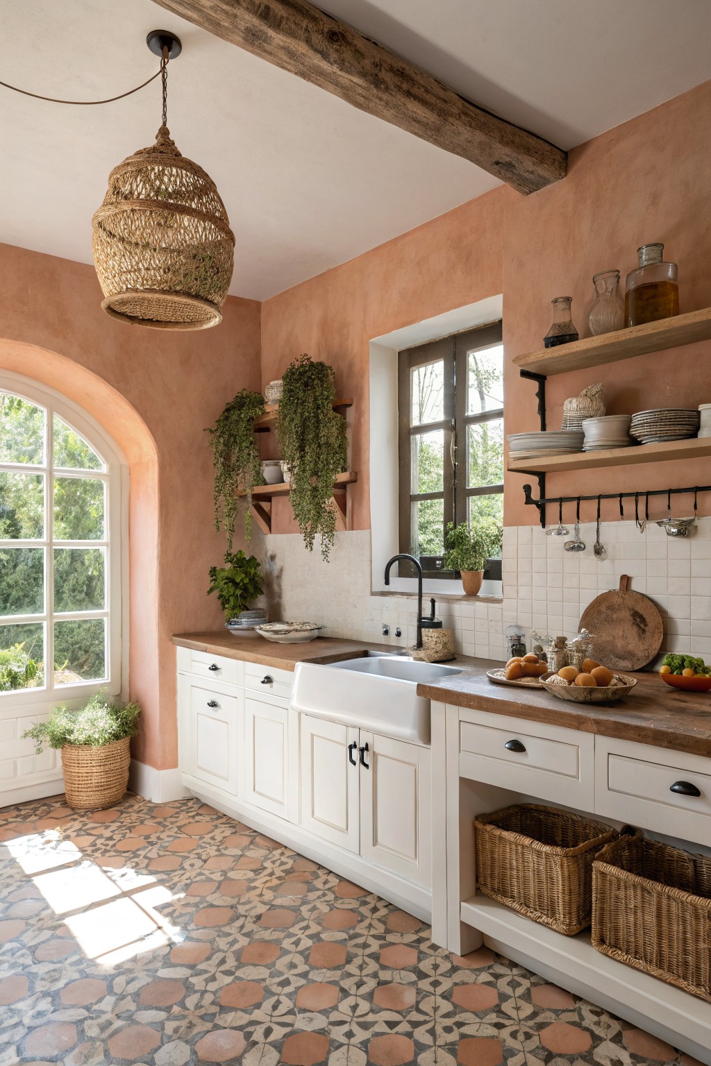 A kitchen with warm terracotta walls and white cabinets.