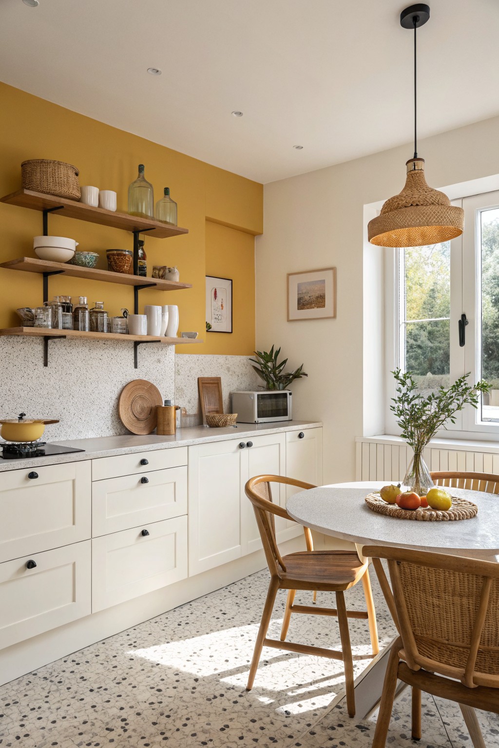 A kitchen with warm yellow walls above white cabinets and open wood shelves.