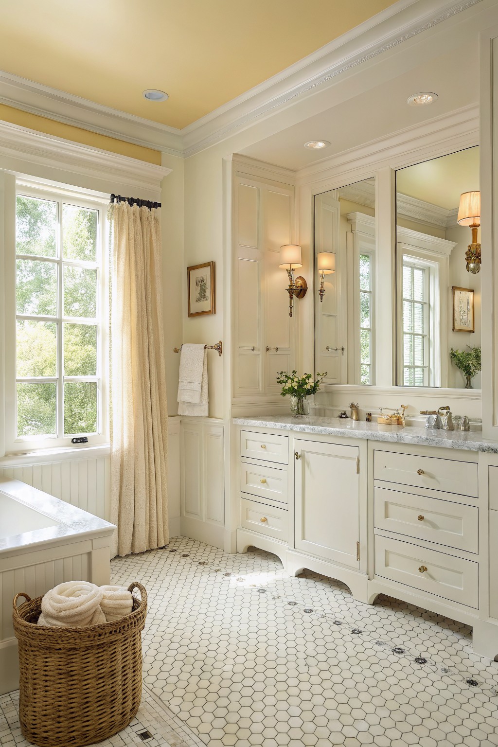 A bathroom with creamy white walls and built-in cabinetry.