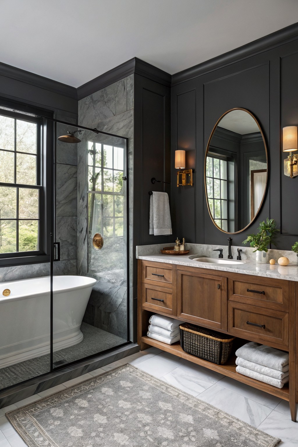 Dark charcoal walls in a modern bathroom with a wood vanity and marble countertop.