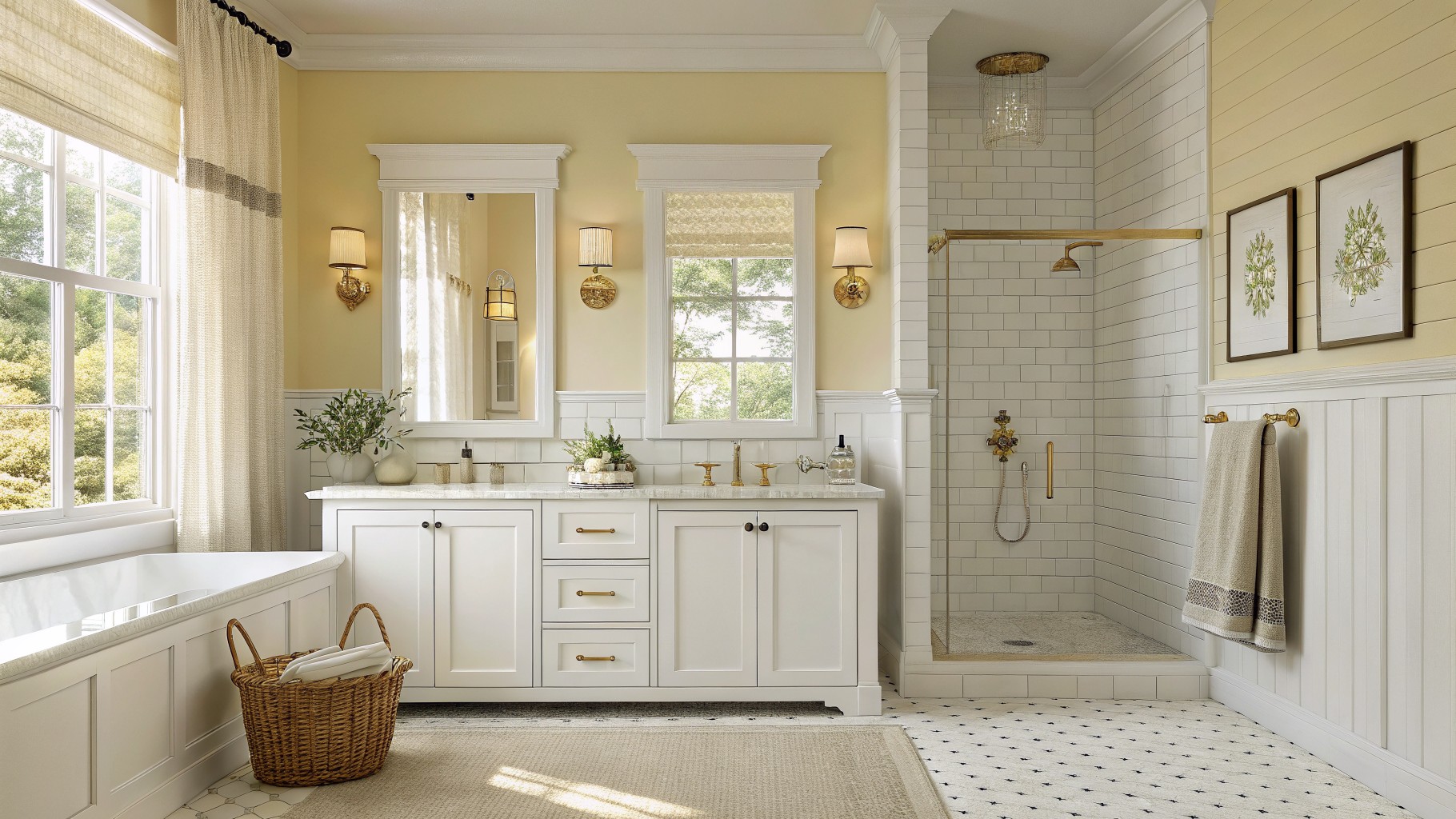 A bathroom with creamy white walls and built-in cabinetry.