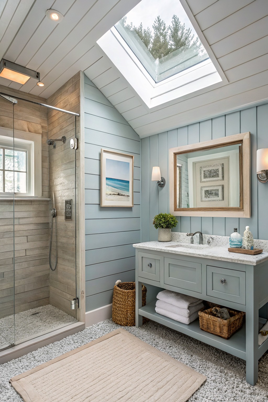 Light blue gray walls in a bathroom with wood accents and a skylight.