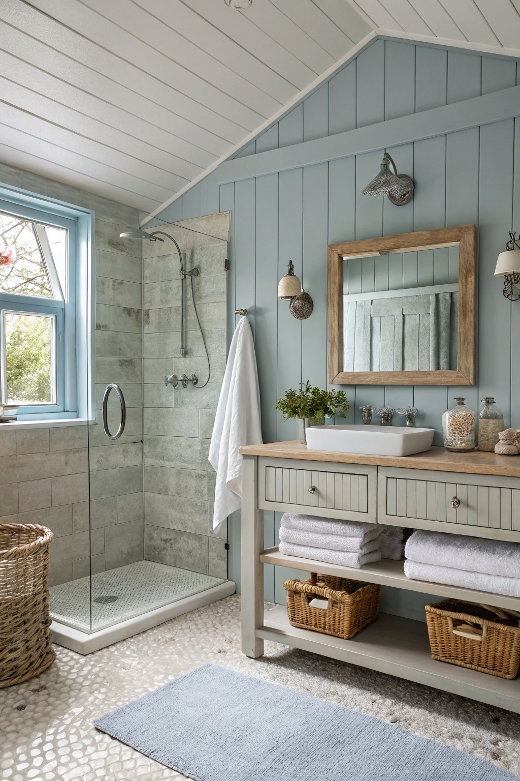 Light blue bathroom with wooden vanity, white towels, woven baskets, and pebble floor.