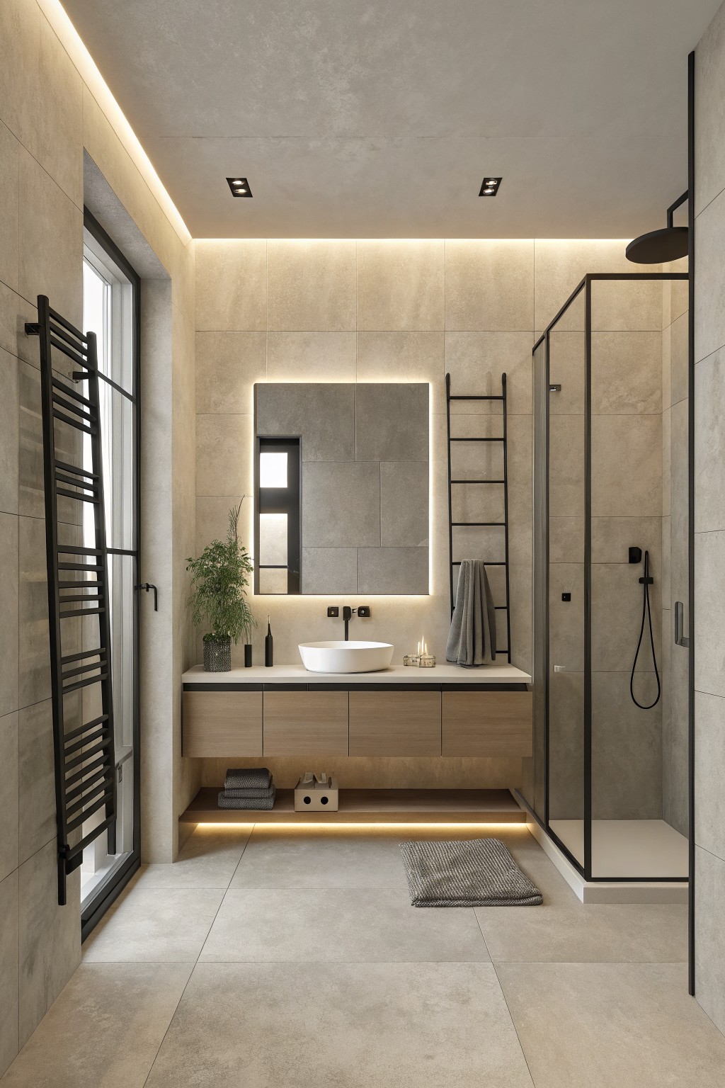Light greige walls in a modern bathroom with wood vanity and tiled surfaces.