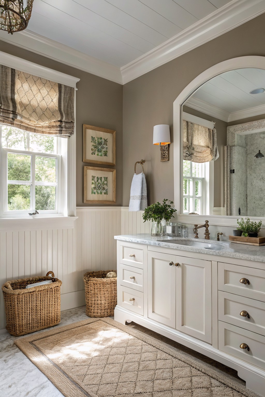 Bathroom with soft greige walls above white wainscoting and a white vanity.