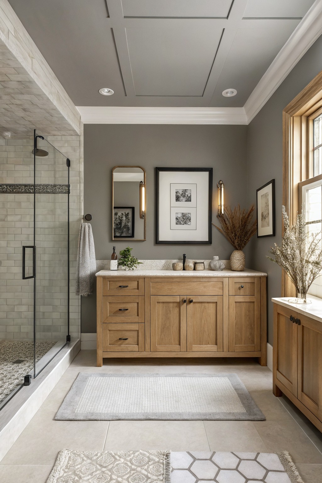 A bathroom with soft greige walls and a wood vanity.