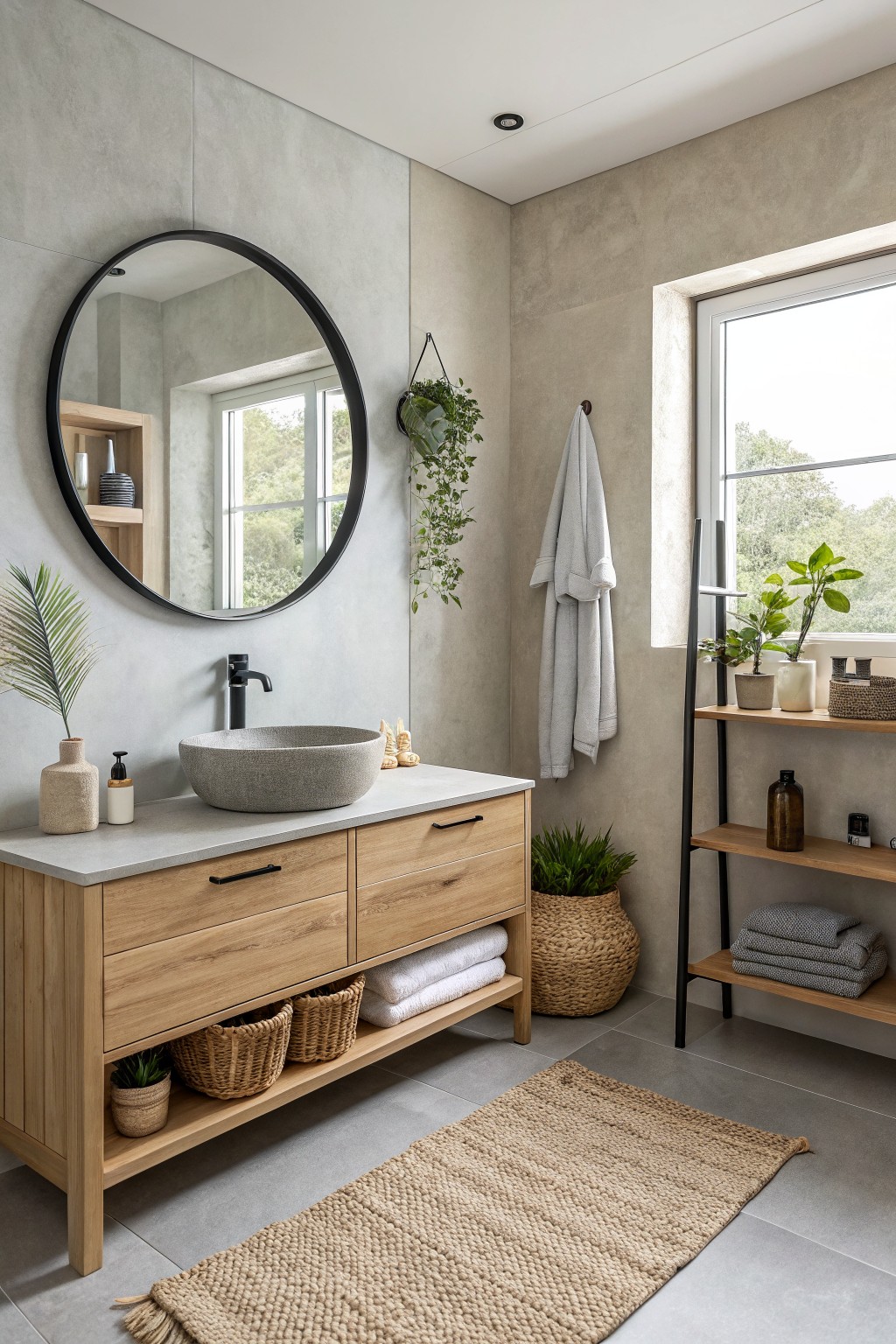 Bathroom walls painted in a soft greige with a wooden vanity below a round mirror.