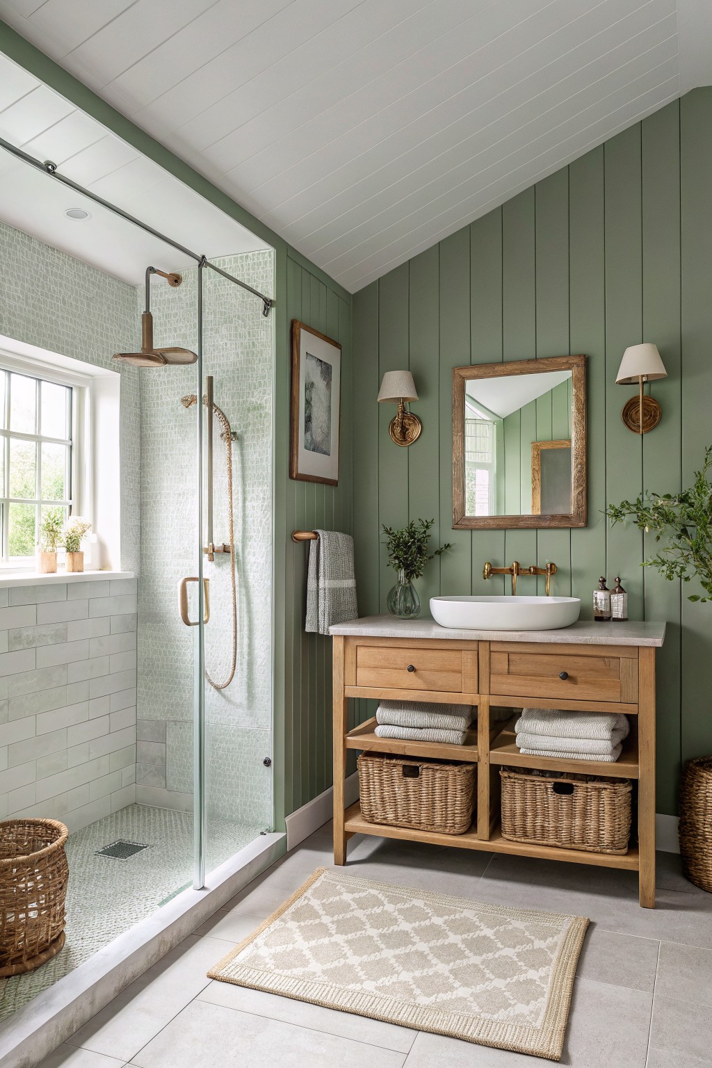 Bathroom walls painted in a soft sage green with wood vanity and shower area.