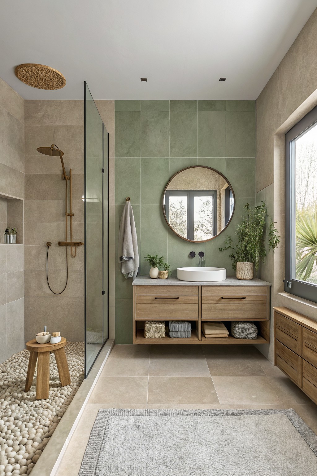 A bathroom with soft sage green tiled walls above a wooden vanity.