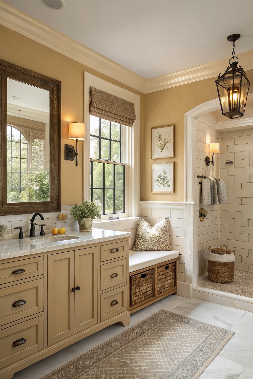 Warm beige walls in a bathroom with wood vanity and white trim.